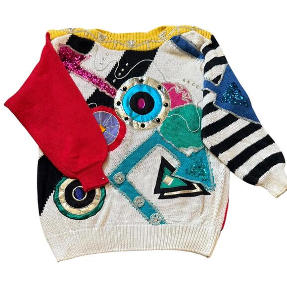 Bonnie Boerer 1988 Vintage Abstract Geometric Colorblock Sequin Sweater Large - Picture 2 of 7